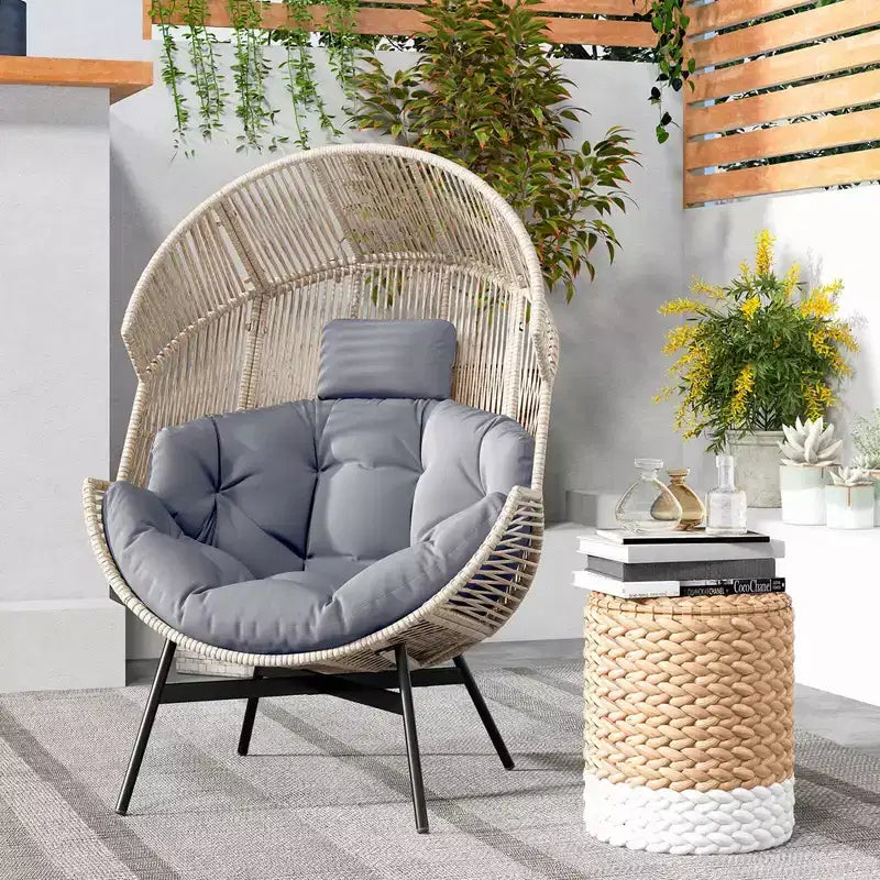 Costway Oversized Egg Style Chair with Cushions & Headrest Heavy-Duty Metal Frame for Yard Off White/Grey/Black