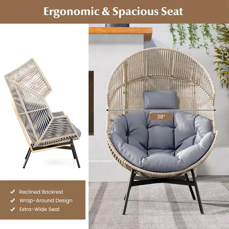 Costway Oversized Egg Style Chair with Cushions & Headrest Heavy-Duty Metal Frame for Yard Off White/Grey/Black