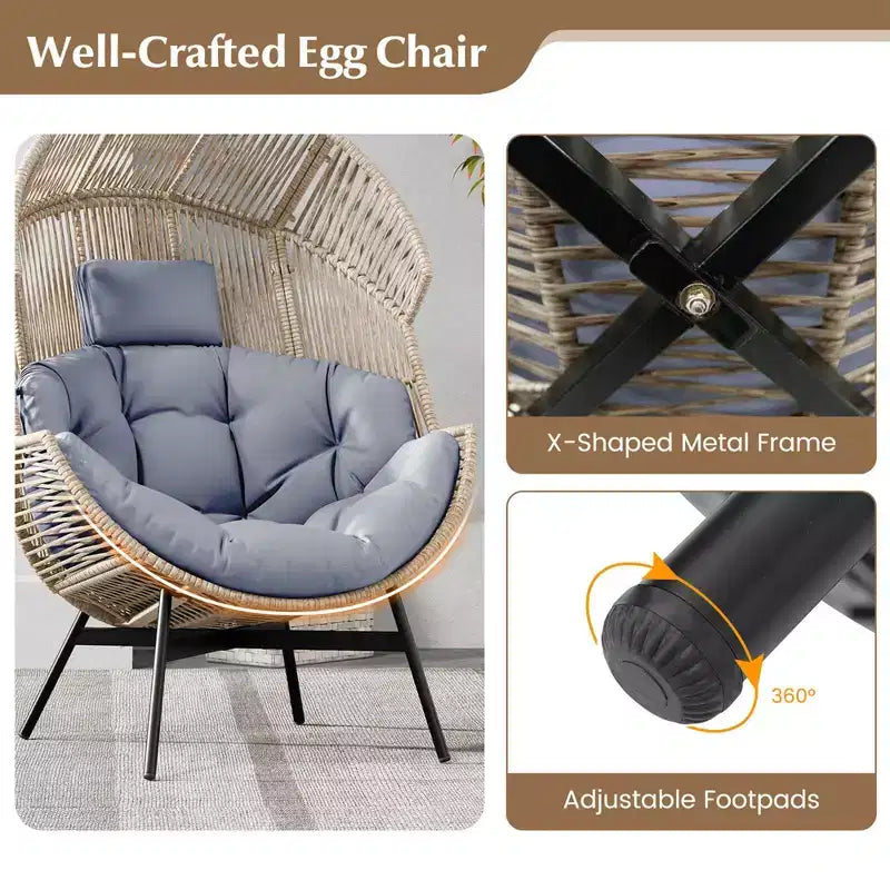 Costway Oversized Egg Style Chair with Cushions & Headrest Heavy-Duty Metal Frame for Yard Off White/Grey/Black