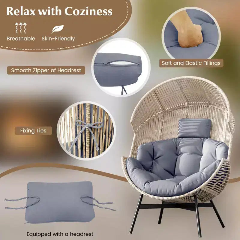 Costway Oversized Egg Style Chair with Cushions & Headrest Heavy-Duty Metal Frame for Yard Off White/Grey/Black
