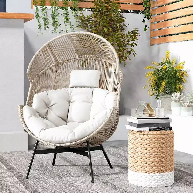 Costway Oversized Egg Style Chair with Cushions & Headrest Heavy-Duty Metal Frame for Yard Off White/Grey/Black