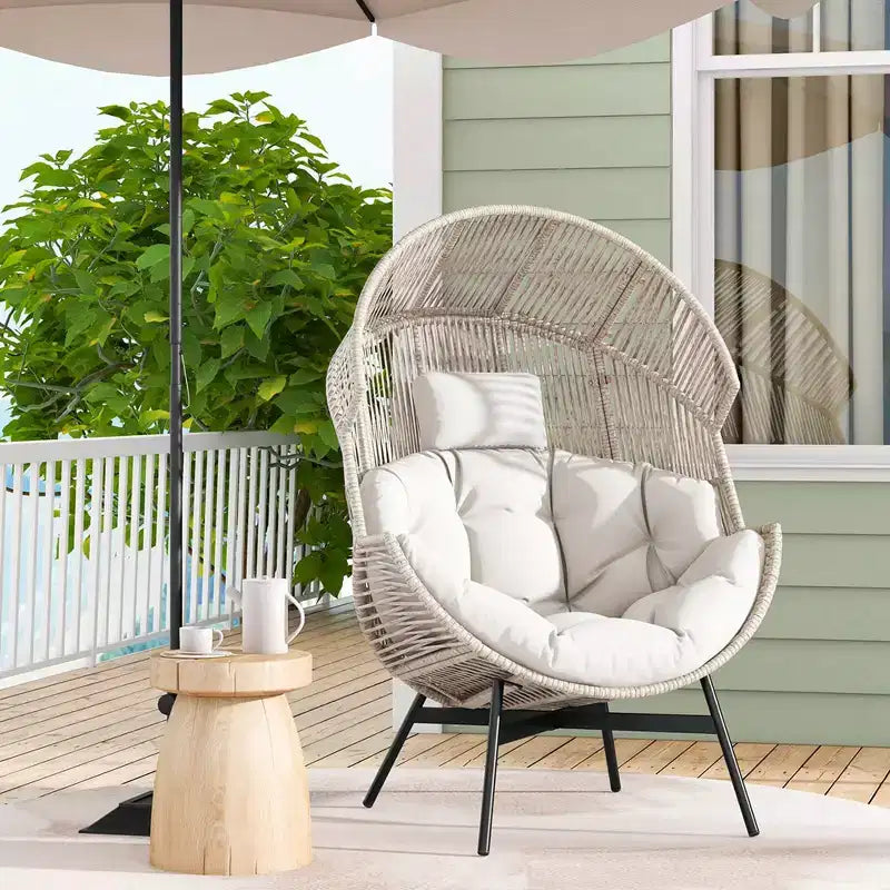 Costway Oversized Egg Style Chair with Cushions & Headrest Heavy-Duty Metal Frame for Yard Off White/Grey/Black