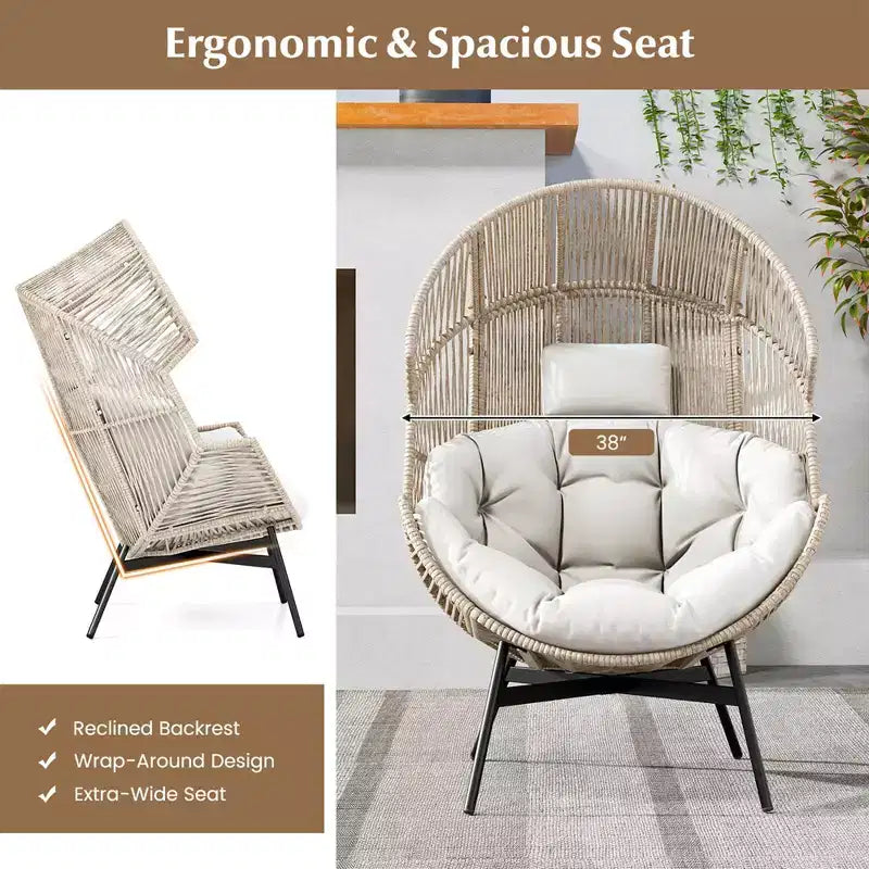 Costway Oversized Egg Style Chair with Cushions & Headrest Heavy-Duty Metal Frame for Yard Off White/Grey/Black