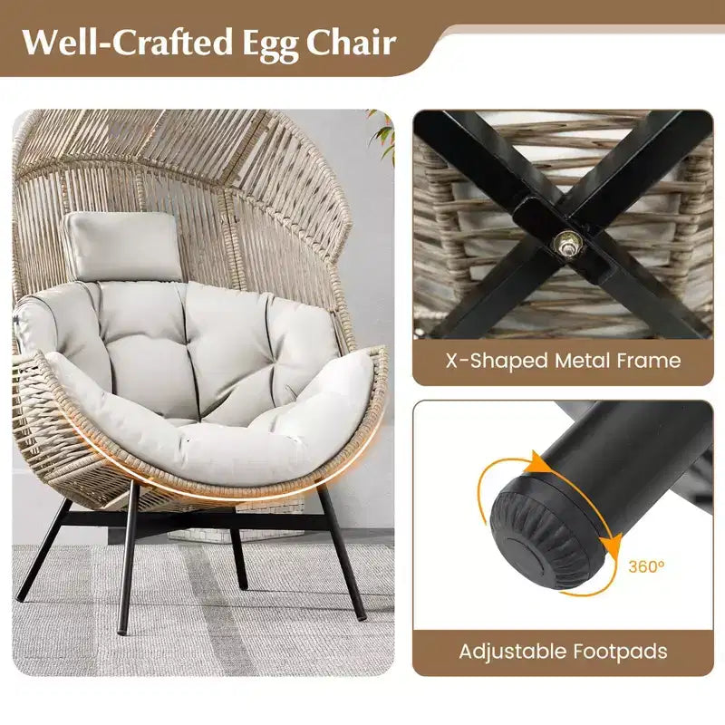 Costway Oversized Egg Style Chair with Cushions & Headrest Heavy-Duty Metal Frame for Yard Off White/Grey/Black