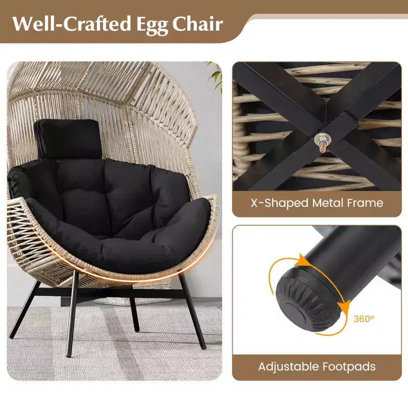 Costway Oversized Egg Style Chair with Cushions & Headrest Heavy-Duty Metal Frame for Yard Off White/Grey/Black