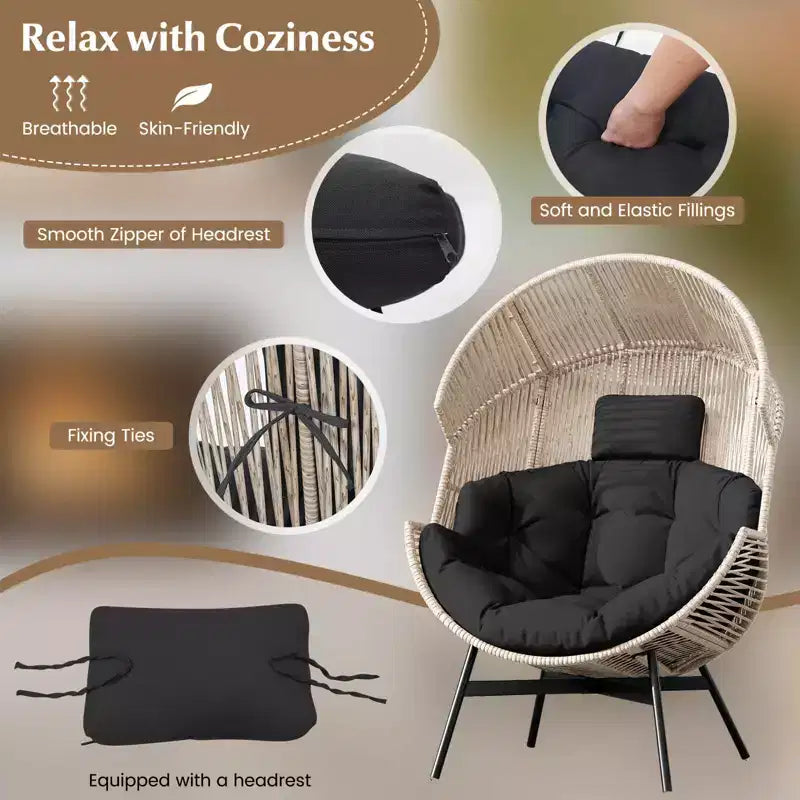 Costway Oversized Egg Style Chair with Cushions & Headrest Heavy-Duty Metal Frame for Yard Off White/Grey/Black