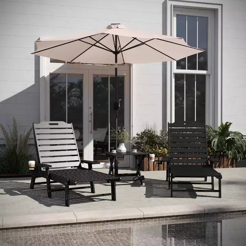 Flash Furniture Monterey Commercial Grade 3-Piece Indoor/Outdoor Adirondack Set with 2 Adjustable HDPE Loungers with Cup Holders and Folding Side Table