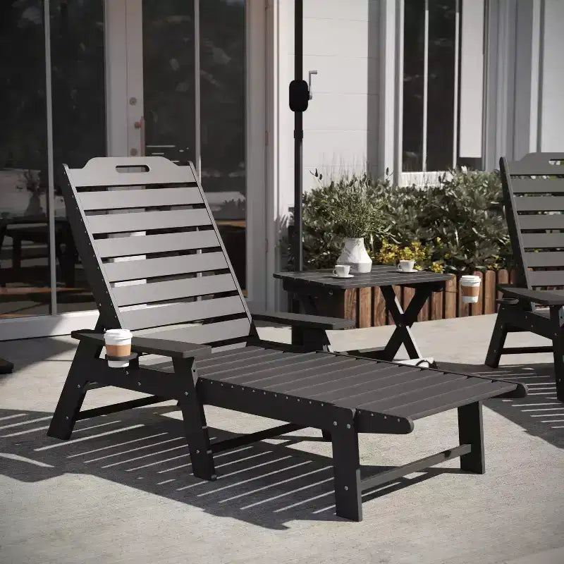 Flash Furniture Monterey Commercial Grade 3-Piece Indoor/Outdoor Adirondack Set with 2 Adjustable HDPE Loungers with Cup Holders and Folding Side Table