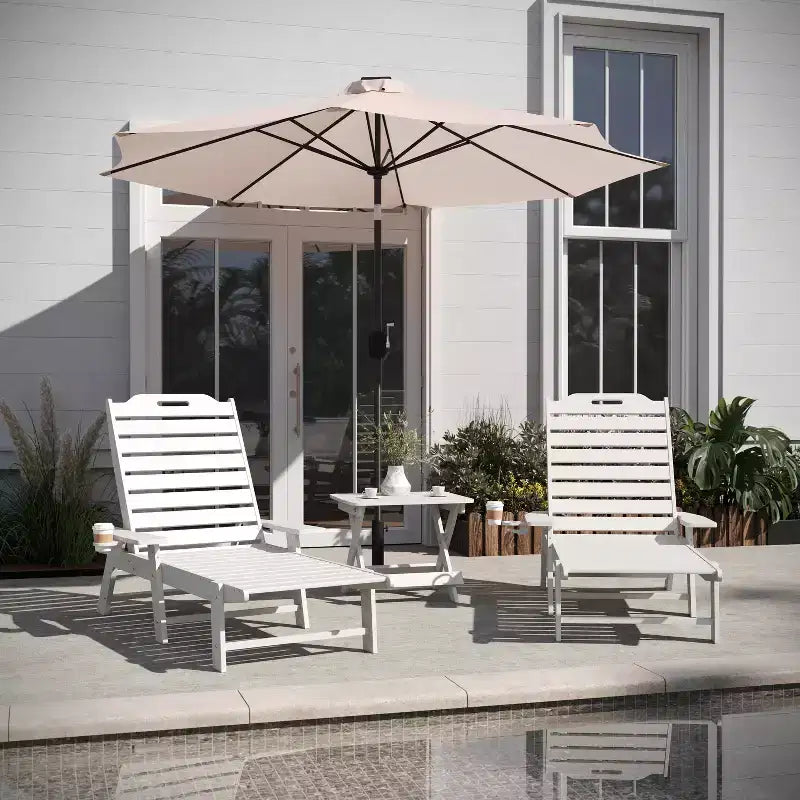 Flash Furniture Monterey Commercial Grade 3-Piece Indoor/Outdoor Adirondack Set with 2 Adjustable HDPE Loungers with Cup Holders and Folding Side Table