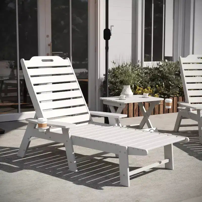 Flash Furniture Monterey Commercial Grade 3-Piece Indoor/Outdoor Adirondack Set with 2 Adjustable HDPE Loungers with Cup Holders and Folding Side Table