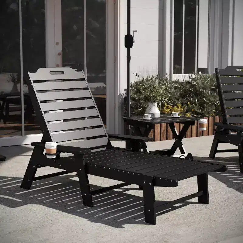 Flash Furniture Monterey Commercial Grade 3-Piece Indoor/Outdoor Adirondack Set with 2 Adjustable HDPE Loungers with Cup Holders and Folding Side Table