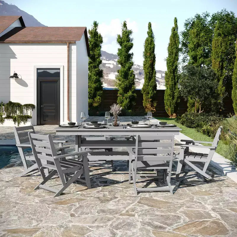 Flash Furniture Tolleson Commercial 7 Piece Adirondack Dining Set with 72 Rectangle Indoor/Outdoor Recycled HDPE Table and 6 Chairs with Cupholders