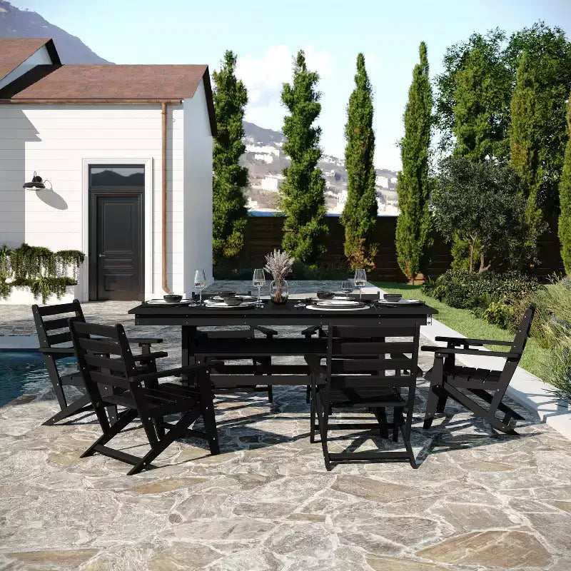 Flash Furniture Tolleson Commercial 7 Piece Adirondack Dining Set with 72 Rectangle Indoor/Outdoor Recycled HDPE Table and 6 Chairs with Cupholders