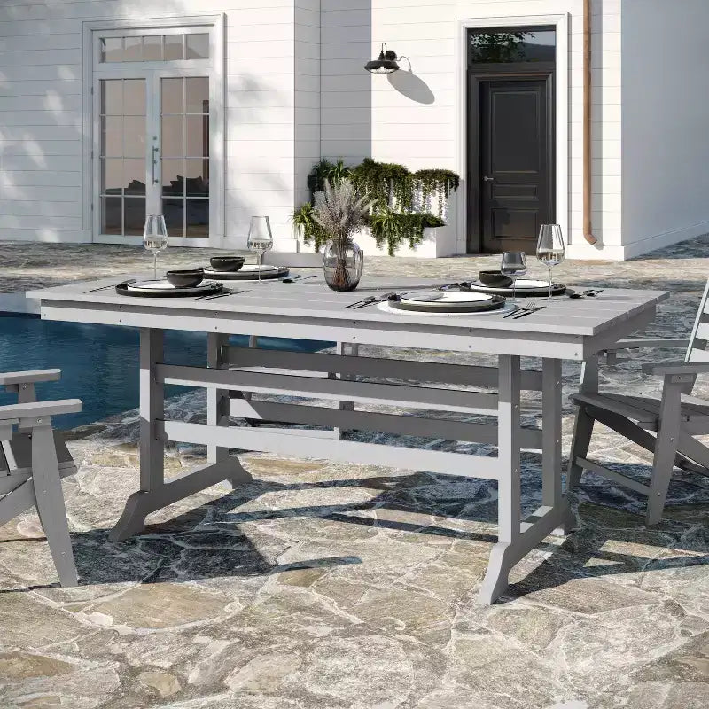 Flash Furniture Tolleson Commercial 7 Piece Adirondack Dining Set with 72 Rectangle Indoor/Outdoor Recycled HDPE Table and 6 Chairs with Cupholders