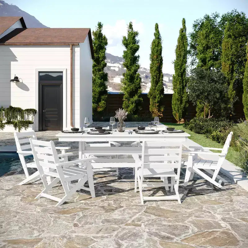Flash Furniture Tolleson Commercial 7 Piece Adirondack Dining Set with 72 Rectangle Indoor/Outdoor Recycled HDPE Table and 6 Chairs with Cupholders