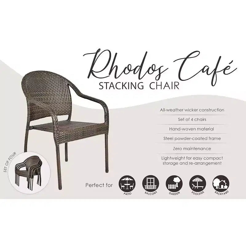 Balkene Home Rhodos Cafè da Esterno in Rattan, Impilabili, Intrecciati a Mano, Nessun Montaggio, per Tutte le Stagioni, Telaio in Acciaio Verniciato a Polvere, Leggeri, Portatili - Nero - Set da 4