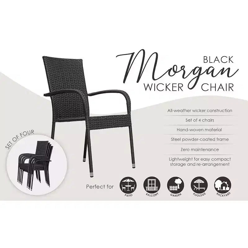 Balkene Home Morgan Outdoor Wicker Chair Set of 4 Black No Assembly Lightweight Portable Zero Maintenance Indoors Porch Backyard Garden Balcony
