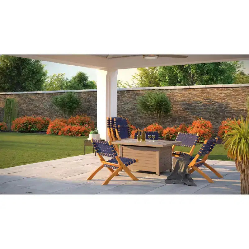 Balkene Home Sava Indoor Outdoor Folding Chair Low Slung Portable Seating Solid Acacia Wood Woven Seat - Navy Blue Webbing
