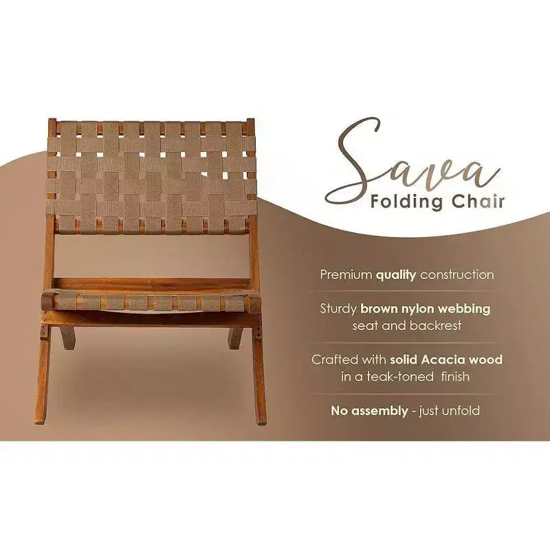 Balkene Home Sava Indoor Outdoor Folding Chair Low Slung Portable Seating Solid Acacia Wood Woven Seat - Navy Blue Webbing