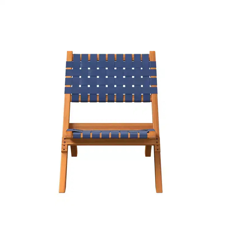 Balkene Home Sava Indoor Outdoor Folding Chair Low Slung Portable Seating Solid Acacia Wood Woven Seat - Navy Blue Webbing