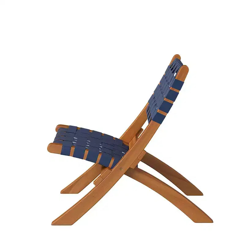 Balkene Home Sava Indoor Outdoor Folding Chair Low Slung Portable Seating Solid Acacia Wood Woven Seat - Navy Blue Webbing