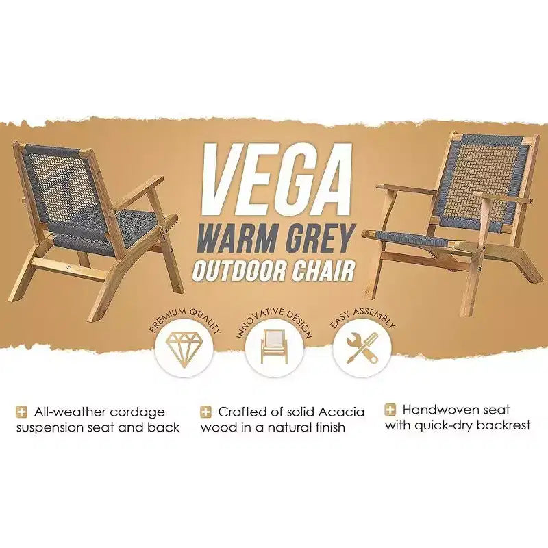 Sedia da esterno Balkene Home Vega in legno di acacia con finitura naturale, seduta in rete intrecciata, design di metà secolo, comoda poltrona - Cordino grigio