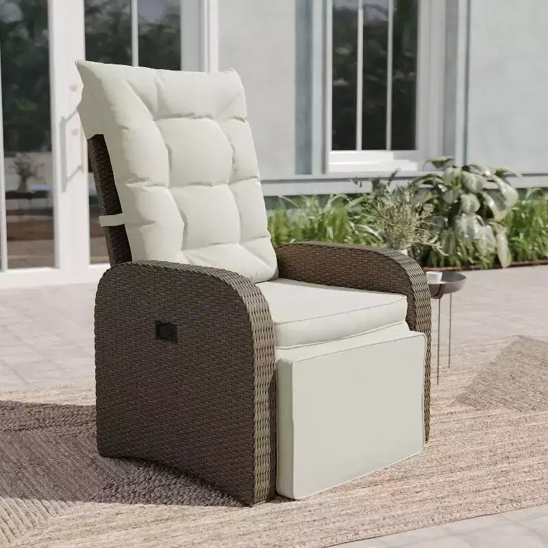 Emma and Oliver Aritzo Wicker Rattan Patio Recliner Lounge Chair with Side Flip-Up Table for Indoor/Outdoor Use