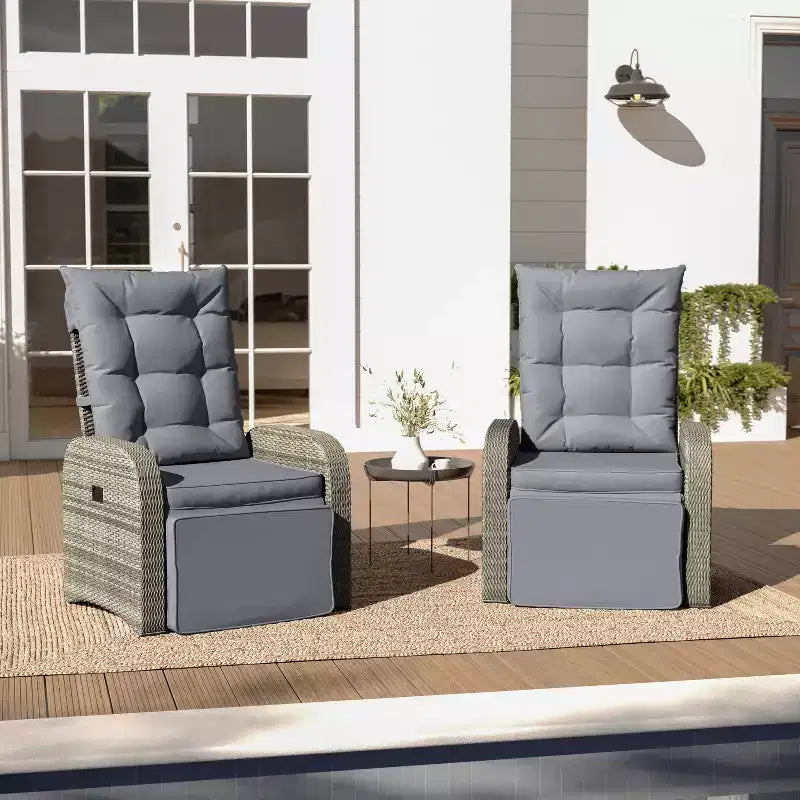 Merrick Lane Set of 2 Modern Style Patio Wicker Rattan Indoor/Outdoor Recliner Lounge Chairs with Side Tables and Adjustable Backs