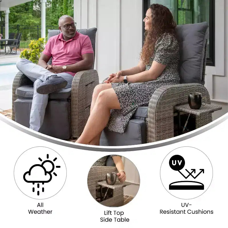 Merrick Lane Set of 2 Modern Style Patio Wicker Rattan Indoor/Outdoor Recliner Lounge Chairs with Side Tables and Adjustable Backs