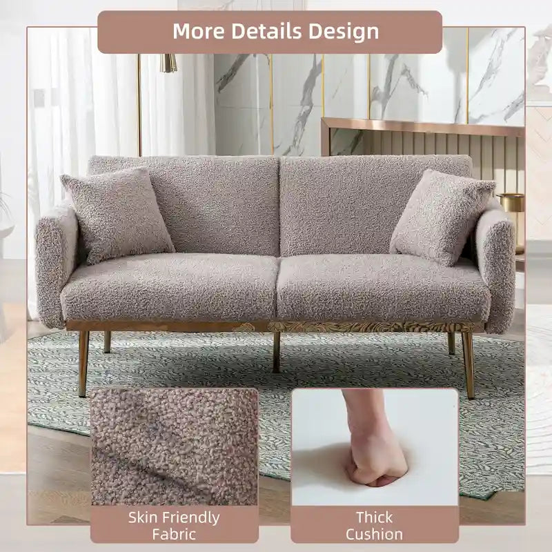 Teddy Fabric Upholstered Tufted Loveseats Sleeper Sofa With Rose Golden Legs