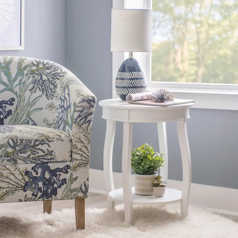 Penelope White Round Table with Shelf