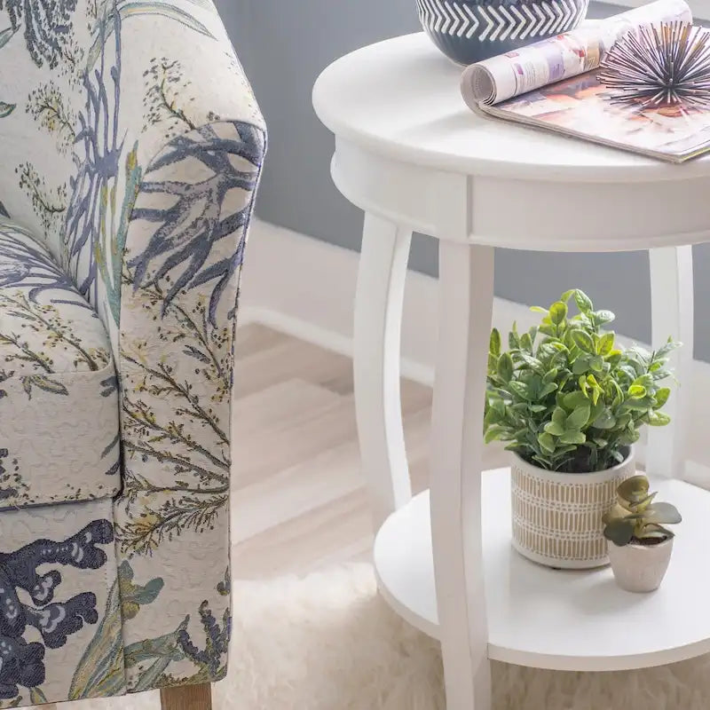Penelope White Round Table with Shelf