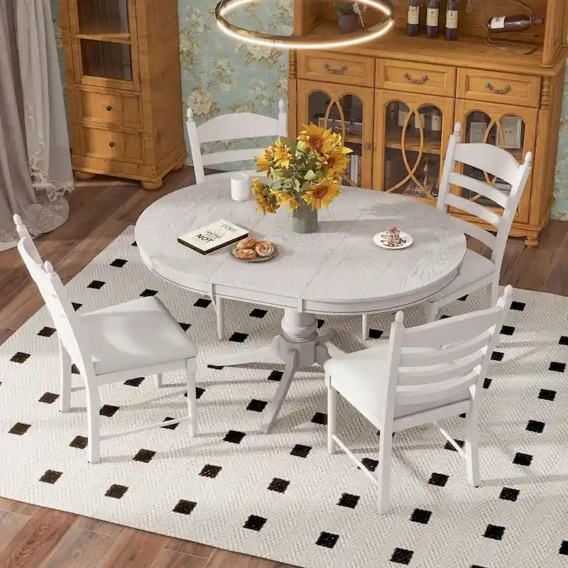 Set da 5 Pezzi Retro Funzionale Tavolo da Pranzo Rotondo Allungabile in Legno e 4 Sedie da Pranzo Imbottite