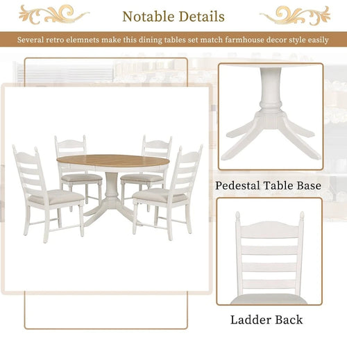 Set da 5 Pezzi Retro Funzionale Tavolo da Pranzo Rotondo Allungabile in Legno e 4 Sedie da Pranzo Imbottite