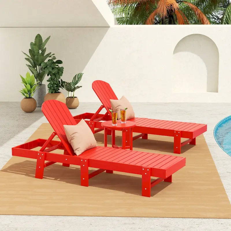 Polytrends Altura - Set di 3 chaise longue reclinabili da esterno ecologiche, resistenti alle intemperie, senza braccioli, con tavolino laterale