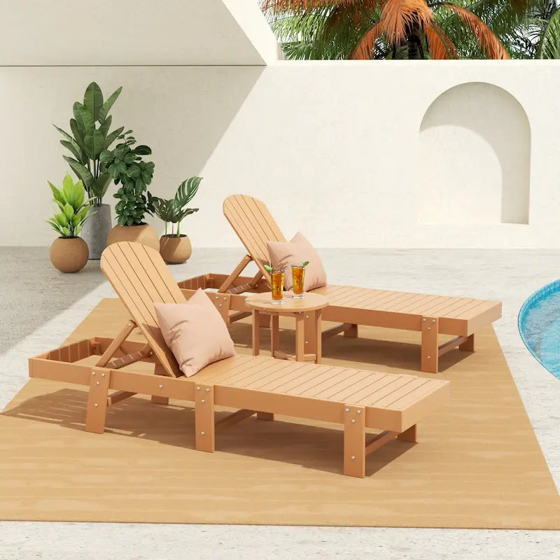 Polytrends Altura - Set di 3 chaise longue reclinabili da esterno ecologiche, resistenti alle intemperie, senza braccioli, con tavolino laterale