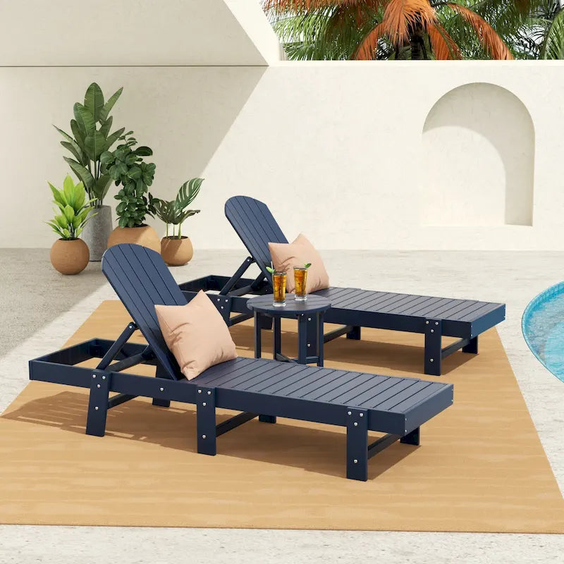 Polytrends Altura - Set di 3 chaise longue reclinabili da esterno ecologiche, resistenti alle intemperie, senza braccioli, con tavolino laterale