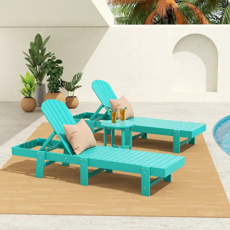 Polytrends Altura - Set di 3 chaise longue reclinabili da esterno ecologiche, resistenti alle intemperie, senza braccioli, con tavolino laterale