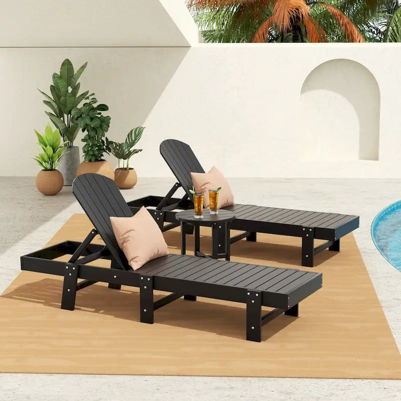Polytrends Altura - Set di 3 chaise longue reclinabili da esterno ecologiche, resistenti alle intemperie, senza braccioli, con tavolino laterale