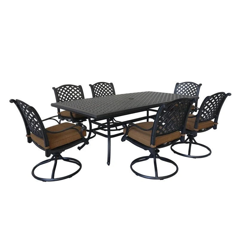 Ventura Cast Aluminum 7 Piece Rectangular Dining Set with 6 Swivel Rockers - N/A