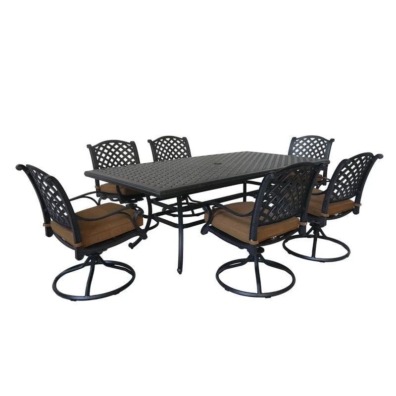 Ventura Cast Aluminum 7 Piece Rectangular Dining Set with 6 Swivel Rockers - N/A