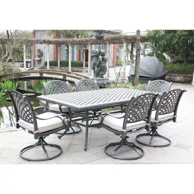 Ventura Cast Aluminum 7 Piece Rectangular Dining Set with 6 Swivel Rockers - N/A