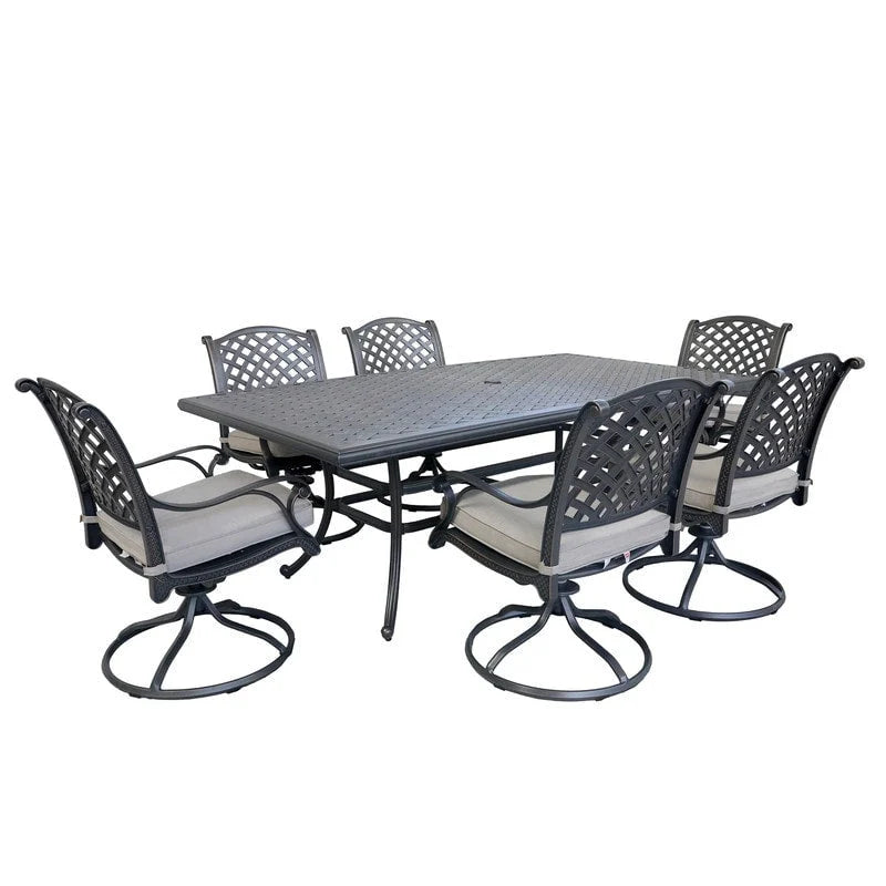 Ventura Cast Aluminum 7 Piece Rectangular Dining Set with 6 Swivel Rockers - N/A