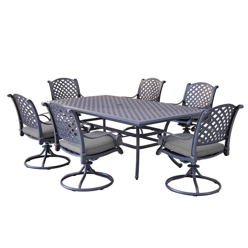 Ventura Cast Aluminum 7 Piece Rectangular Dining Set with 6 Swivel Rockers - N/A