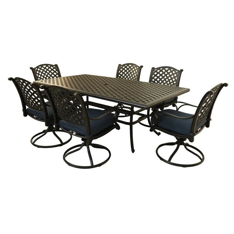 Ventura Cast Aluminum 7 Piece Rectangular Dining Set with 6 Swivel Rockers - N/A