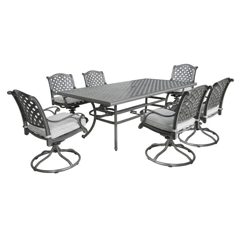 Ventura Cast Aluminum 7 Piece Rectangular Dining Set with 6 Swivel Rockers - N/A