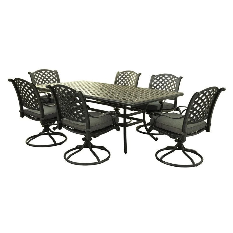 Ventura Cast Aluminum 7 Piece Rectangular Dining Set with 6 Swivel Rockers - N/A
