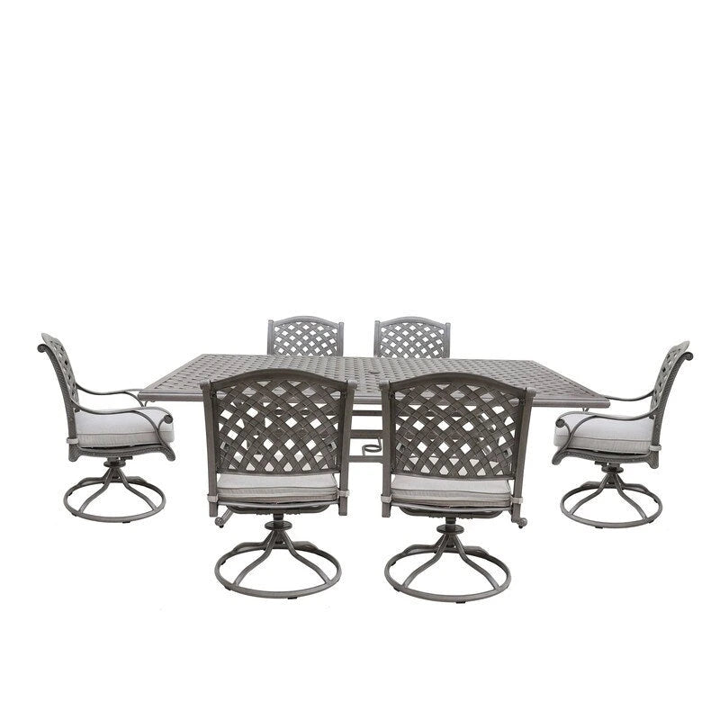 Ventura Cast Aluminum 7 Piece Rectangular Dining Set with 6 Swivel Rockers - N/A