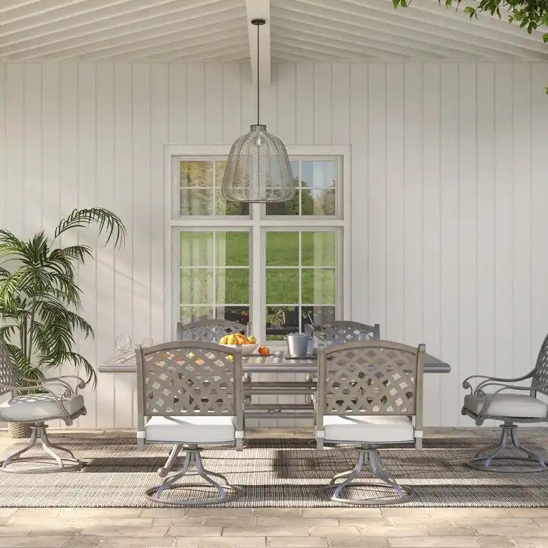 Ventura Cast Aluminum 7 Piece Rectangular Dining Set with 6 Swivel Rockers - N/A