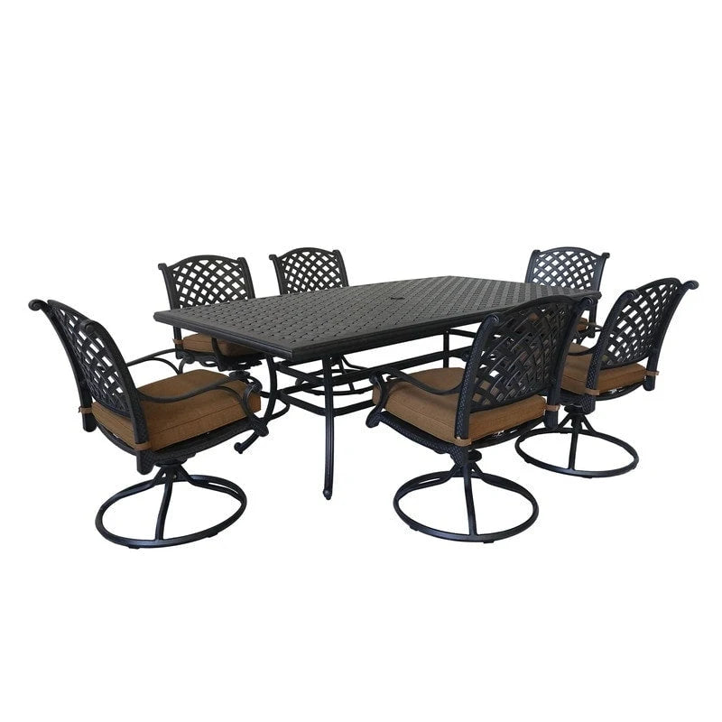 Ventura Cast Aluminum 7 Piece Rectangular Dining Set with 6 Swivel Rockers - N/A